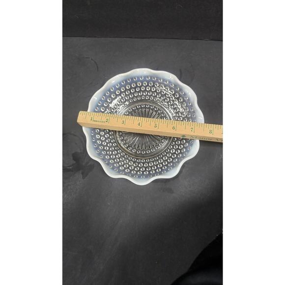 Vintage Moonstone Hobnail Opalescent Glass Ruffled Edge Bowl Dish Clear White - Picture 6 of 6